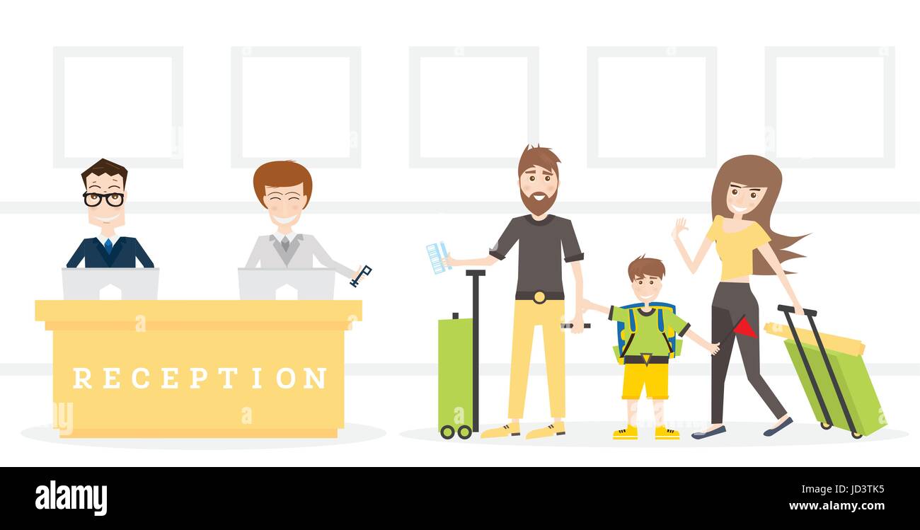 Famille d'accueil dans l'hôtel Obtenir une clé du prix. Vector Illustration. Illustration de Vecteur