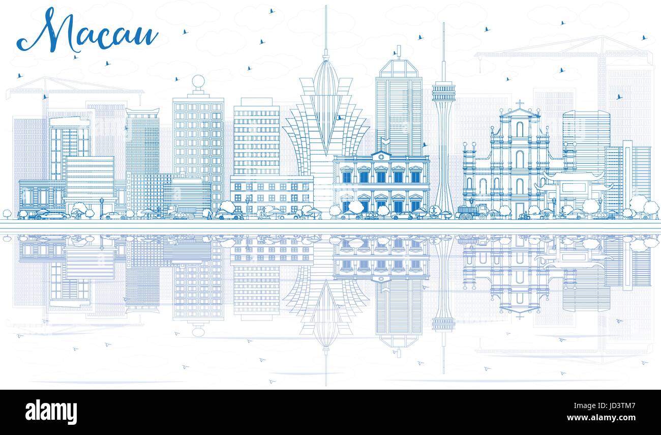 Macao contour bleu horizon avec les bâtiments et les réflexions. Vector Illustration. Les voyages d'affaires et tourisme Concept avec l'architecture moderne. Illustration de Vecteur