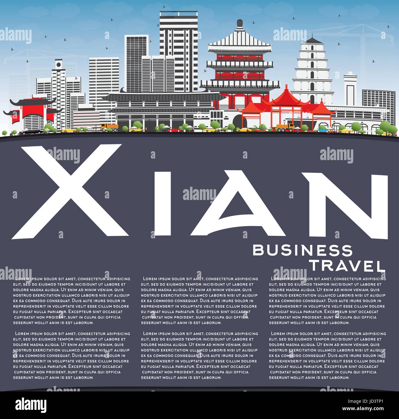 Xian avec toits de bâtiments gris, ciel bleu et copier l'espace. Vector Illustration. Les voyages d'affaires et tourisme Concept avec l'architecture historique. Illustration de Vecteur