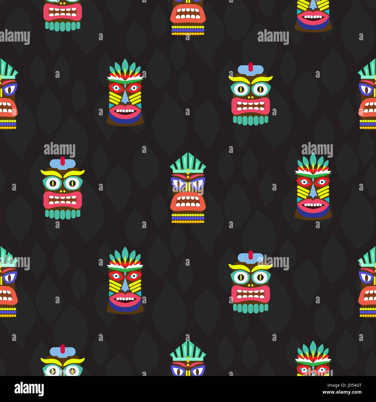Tiki totems colorés masques transparente motif foncé vecteur. La culture hawaïenne arrière-plan lumineux. Illustration de Vecteur