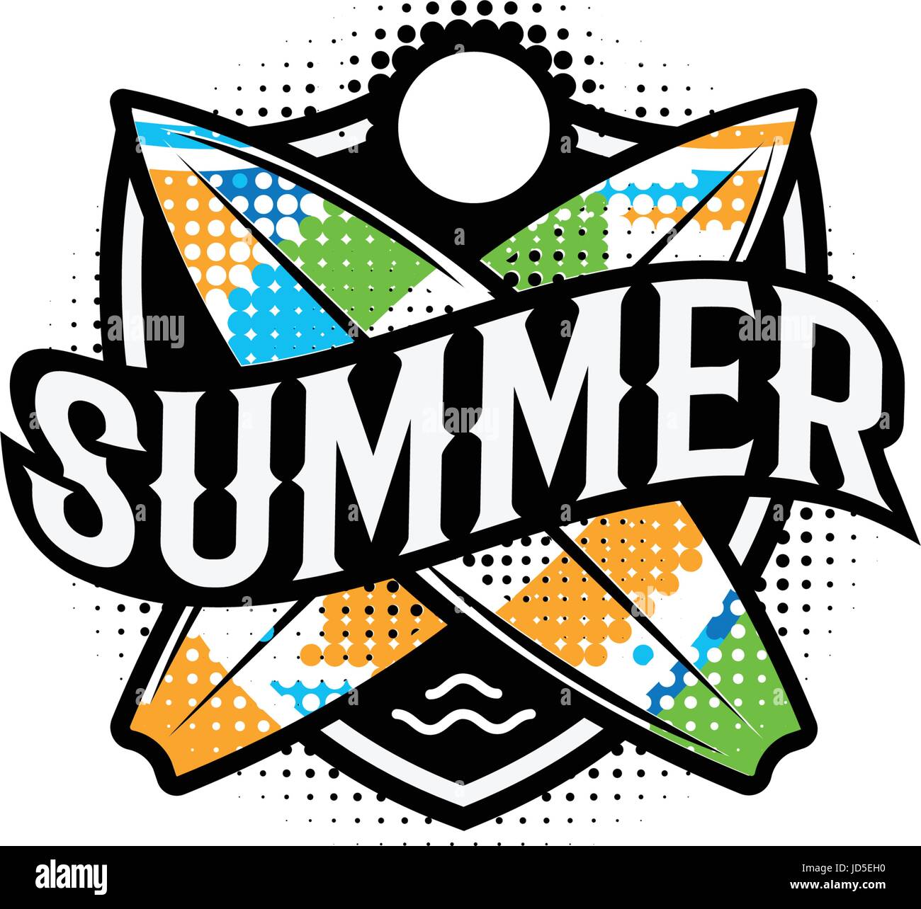 Moderne et coloré d'été logo dans un style sportif. 2 surf, soleil et texte sur le bouclier. Vector illustration. Maison de vacances la conception de l'élément de l'affiche. Illustration de Vecteur