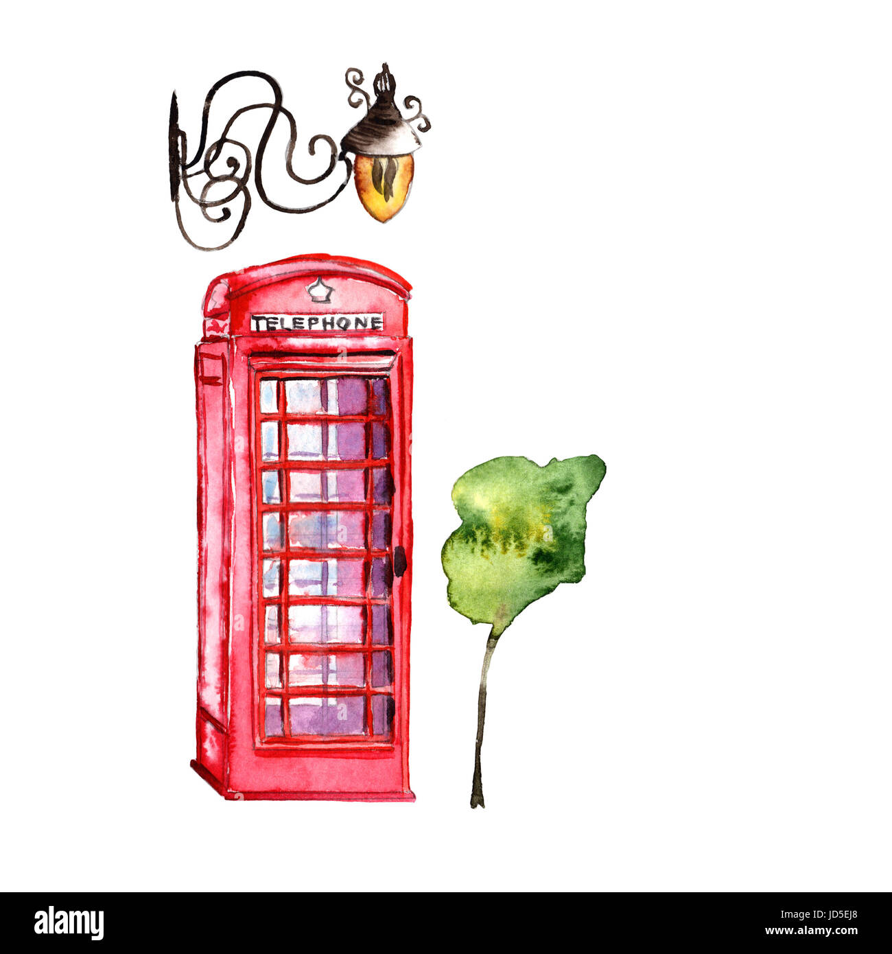 Modèle de Londres aquarelle illustration. Grande-bretagne : les symboles dessinés à la main, d'une cabine téléphonique rouge, Big Ben clock, drapeau de Grande-Bretagne, casque de policier, Banque D'Images