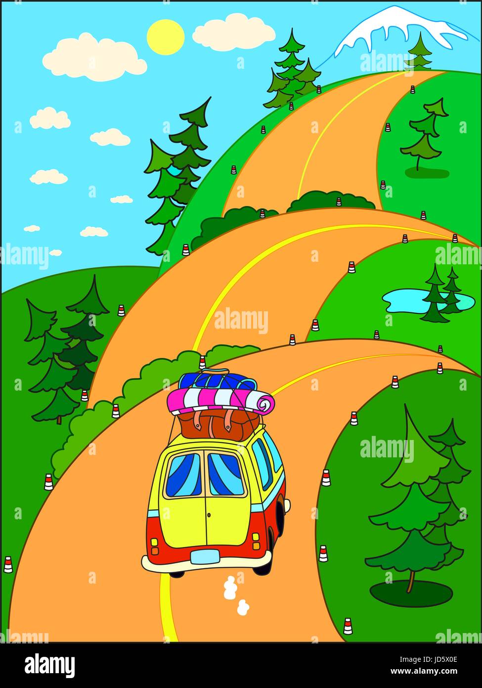 En voyage en voiture sur une route de montagne Illustration de Vecteur