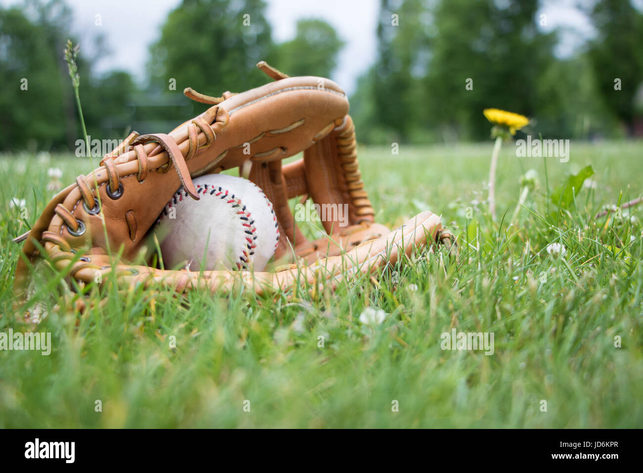 Et dans le champ de baseball gant Banque D'Images