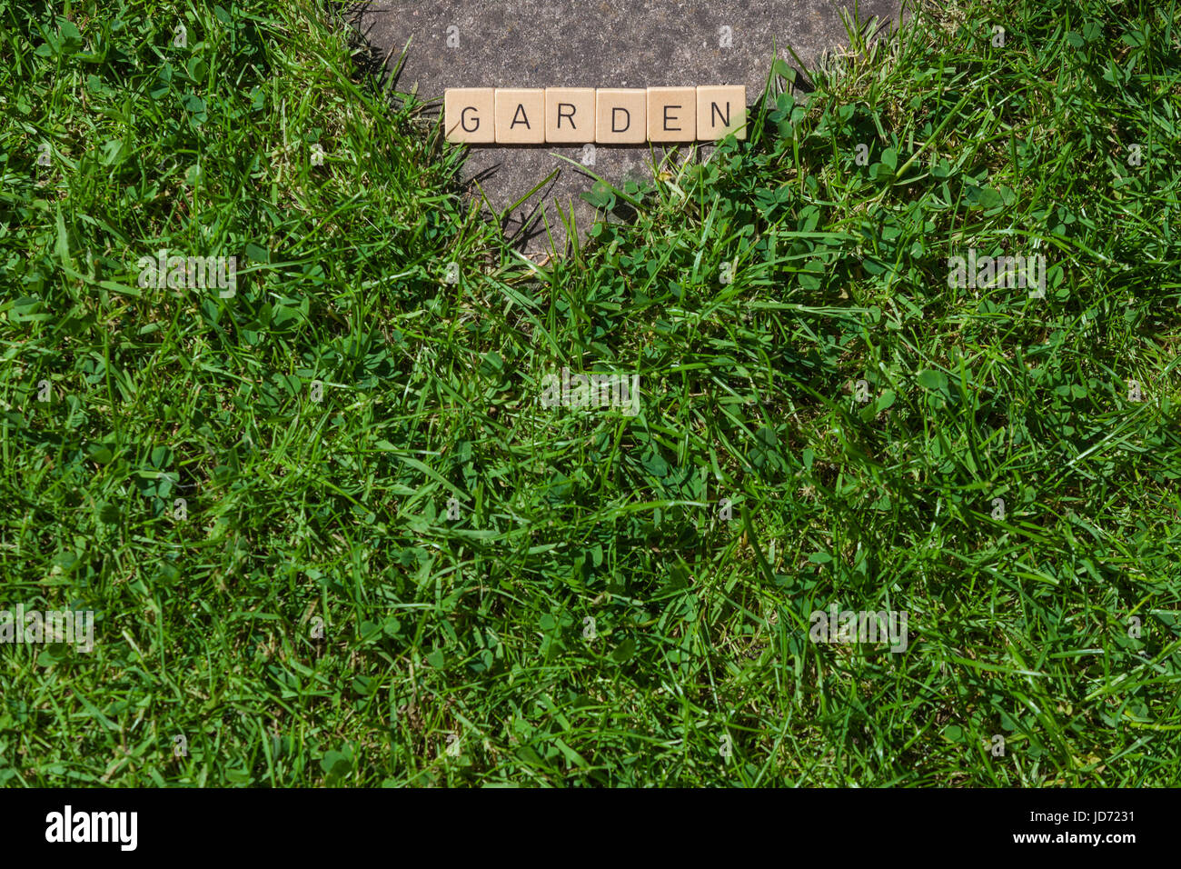 Les tuiles de SCRABBLE allongé sur l'herbe dans le jardin montrant le mot jardin Banque D'Images