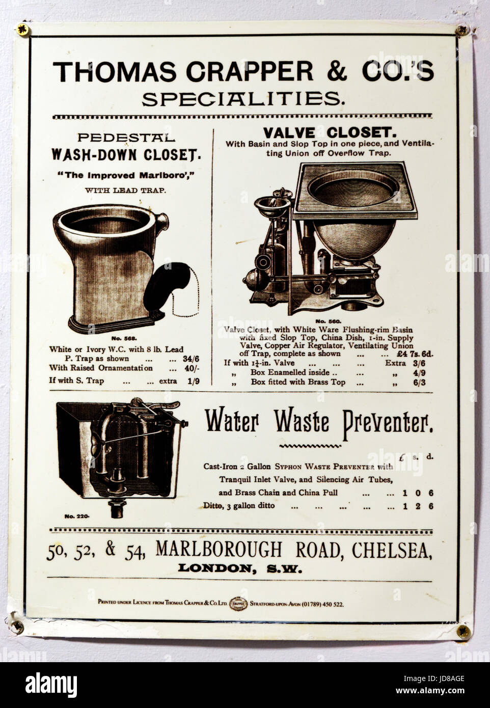 Une reproduction d'une ancienne publicité pour les toilettes à chasse d'origine par Thomas Crapper Banque D'Images