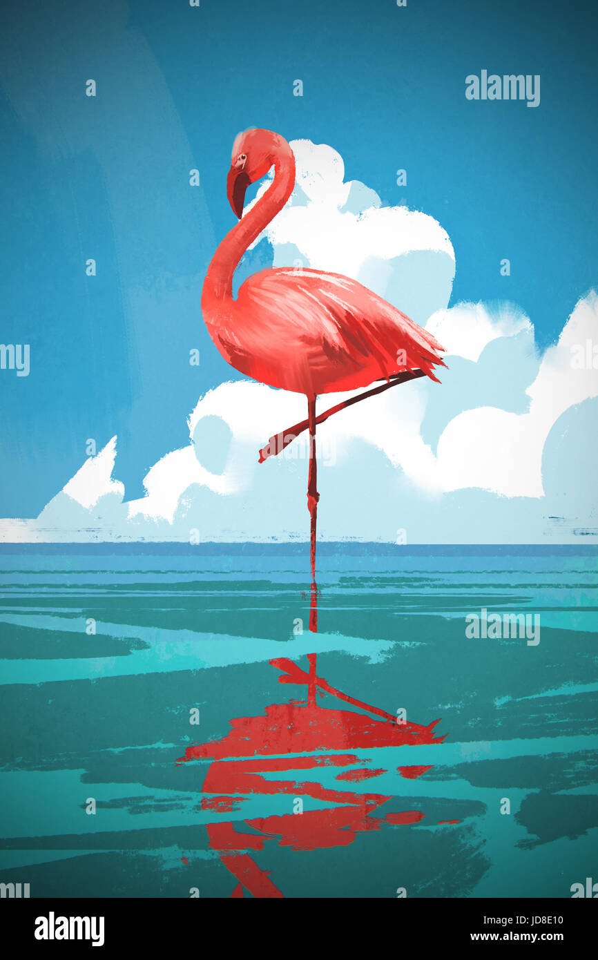 Flamingo se tenant sur la mer contre l'été, ciel bleu avec un style d'art numérique, illustration peinture Banque D'Images