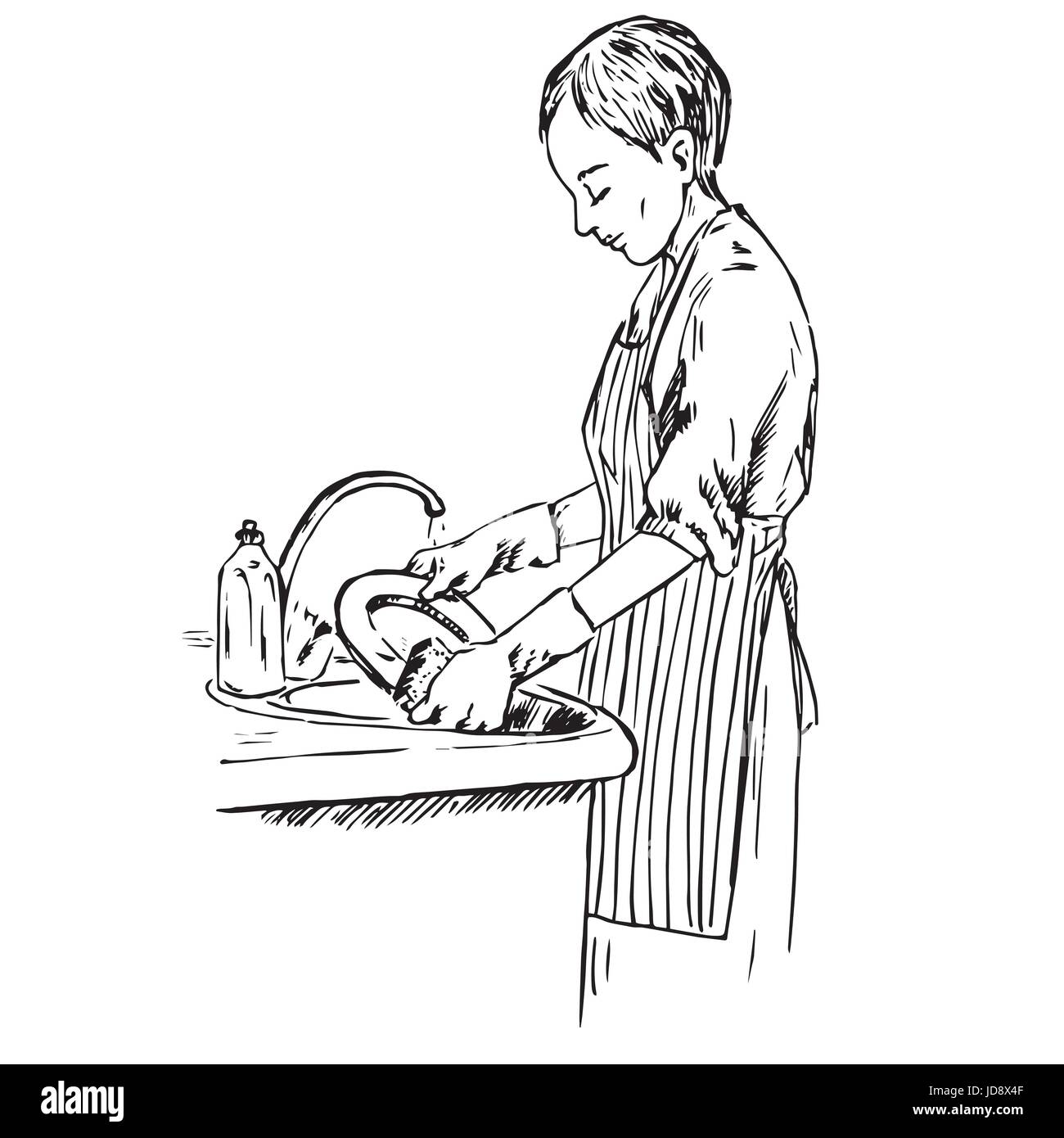 Jeune femme vêtue d'un tablier à rayures lave-vaisselle, hand drawn doodle, sketch dans un style pop art, noir et blanc vector illustration Illustration de Vecteur