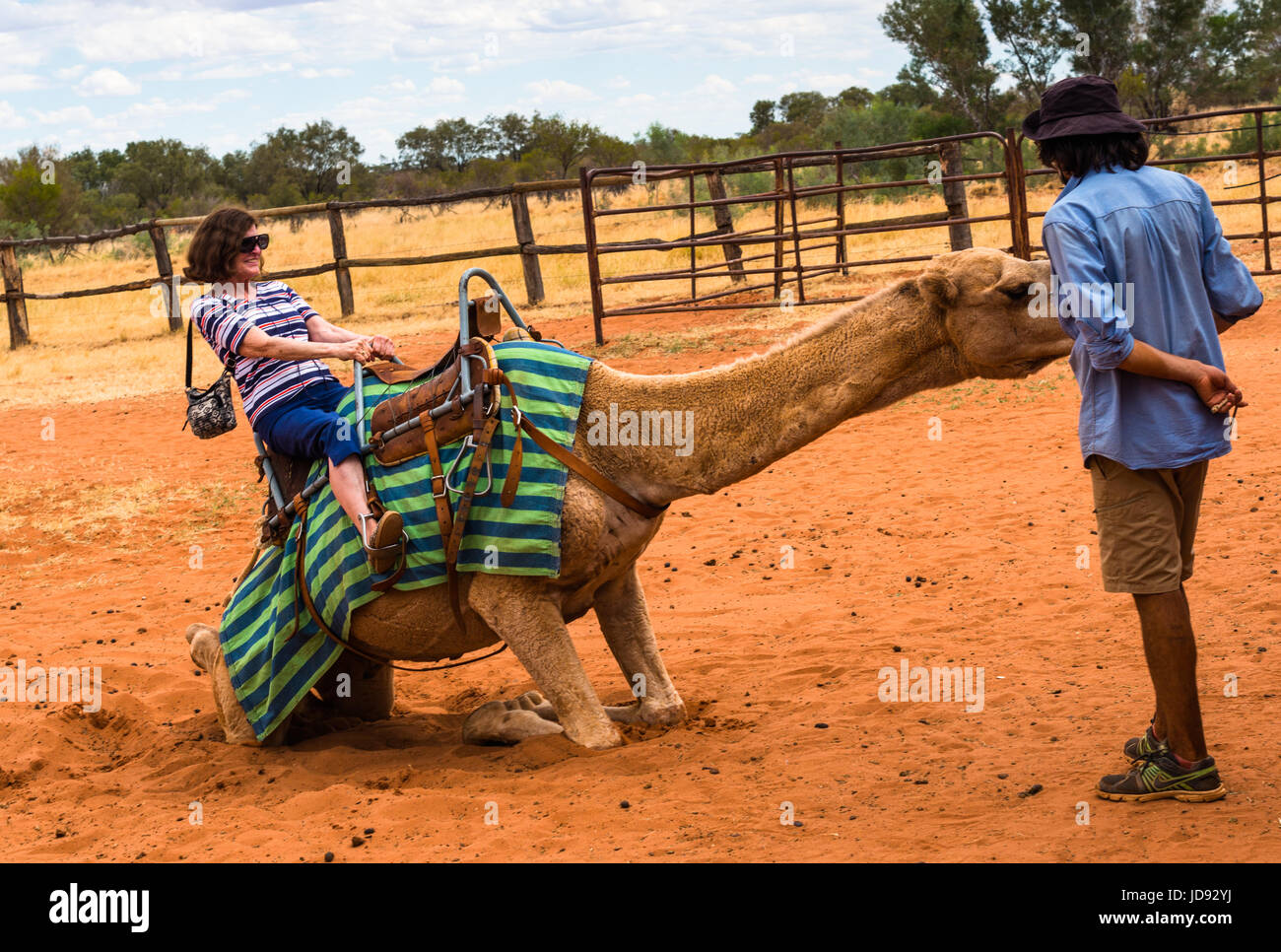 Les touristes ride les chameaux à l'Outback Camel farm. Territoire du Nord, Australie. Banque D'Images