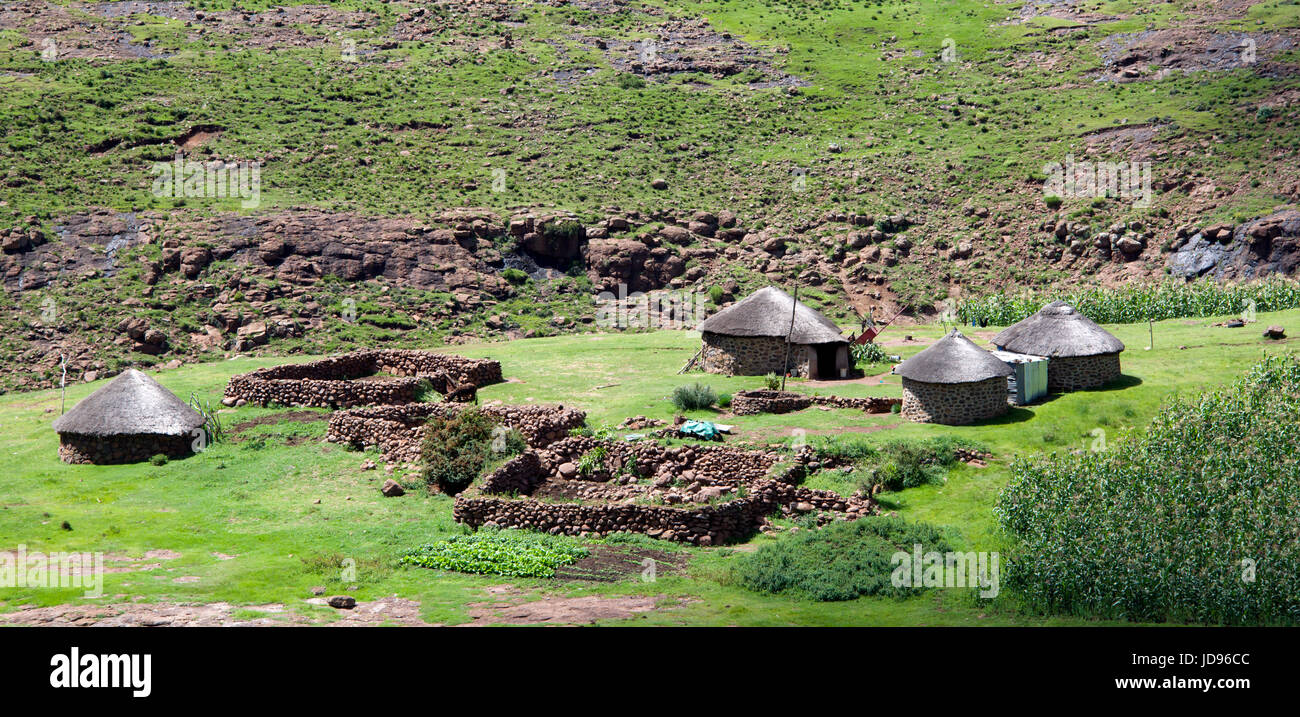 Petit village rural typique avec three rondavels et bergeries District de Maseru Lesotho Afrique du Sud Banque D'Images
