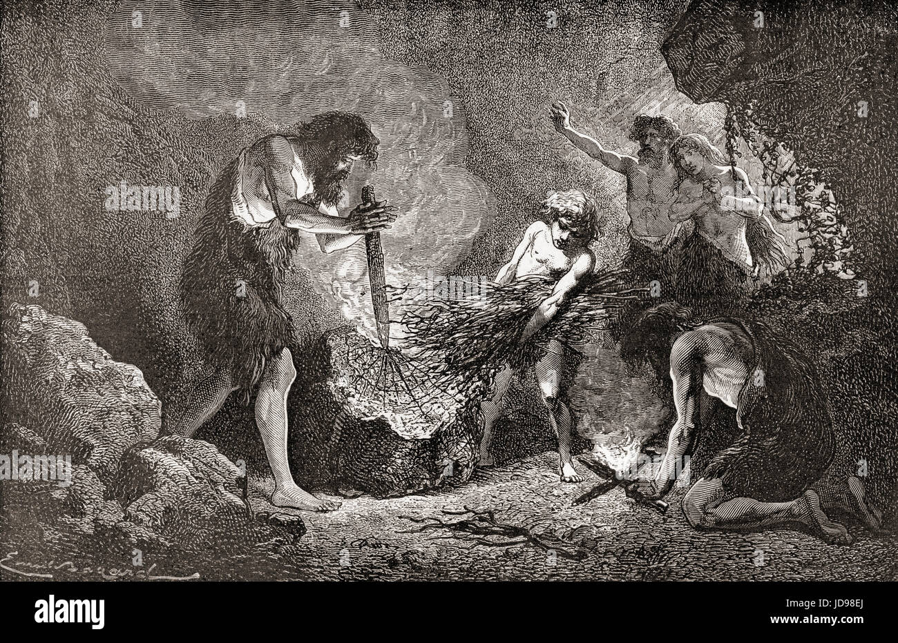 Stone age homme découvre le feu. À partir de l'homme primitif, publié en 1870. Banque D'Images