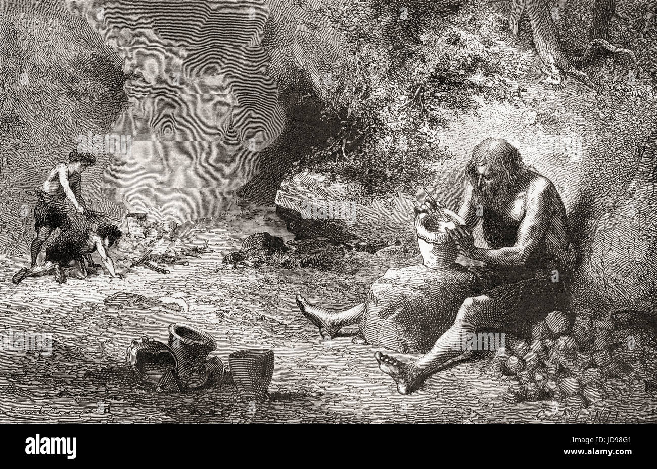 Un potier au travail au cours de l'âge néolithique, Âge de pierre ou de l'âge de la pierre polie. À partir de l'homme primitif, publié en 1870. Banque D'Images