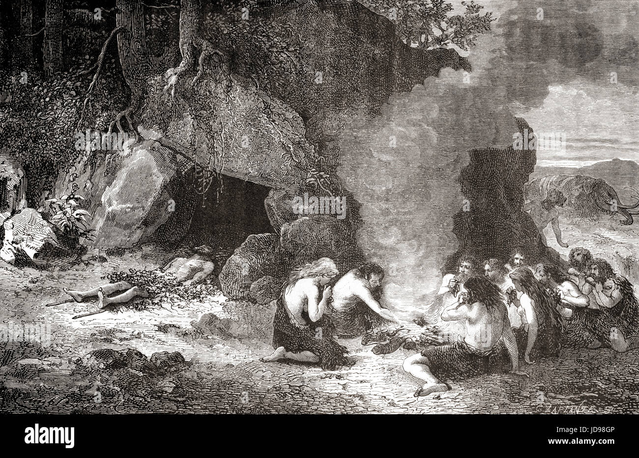 Un repas funéraire au cours de l'âge de pierre. À partir de l'homme primitif, publié en 1870. Banque D'Images