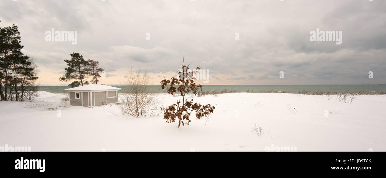 En cabine, vue paysage couvert de neige d'eau derrière l'ontario canada chalet hiver froid neige 2017 Banque D'Images