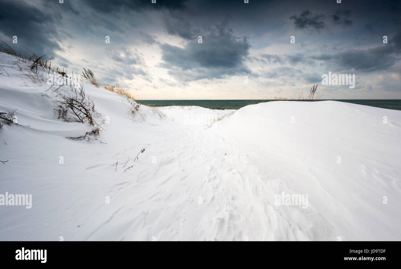 Paysage côtier couvert de neige, avec des nuages sombres dans le ciel, de l'Ontario, Canada ontario canada hiver froid neige 2017 Banque D'Images