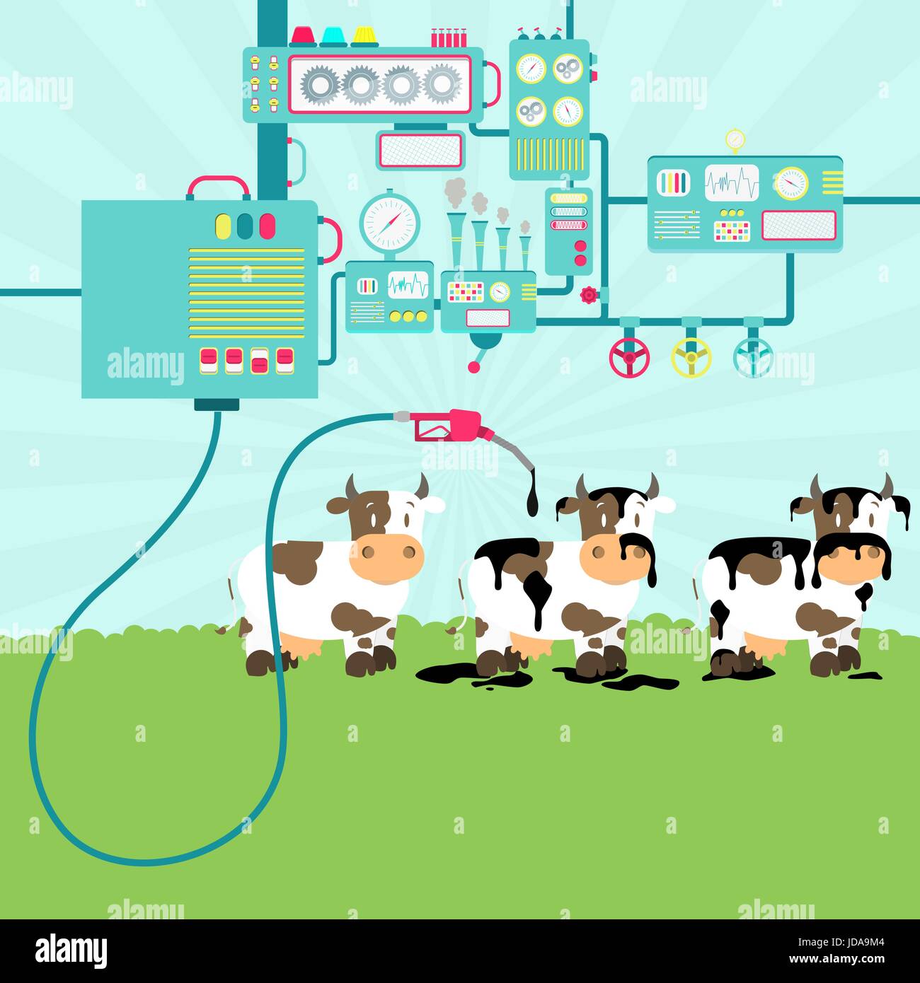 L'usine de machines ou d'huile de raffinage. La pompe à gaz la sale du bétail. Le bétail formé par les vaches laitières. Illustration de Vecteur