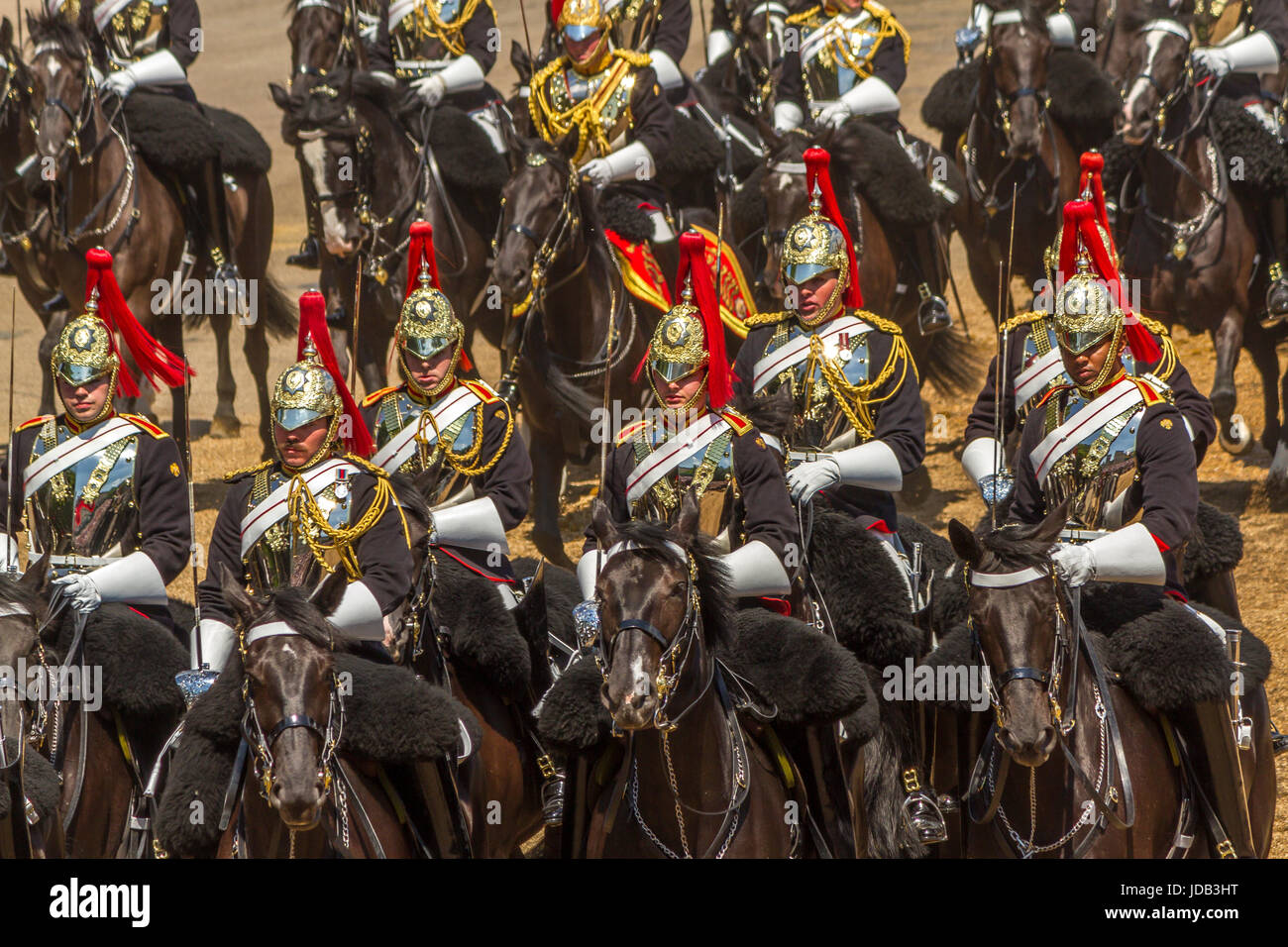Soldats of the Blues and Royals à cheval au Horse Guards Parade pour Trooping the Color à Londres, Royaume-Uni, 2017 Banque D'Images