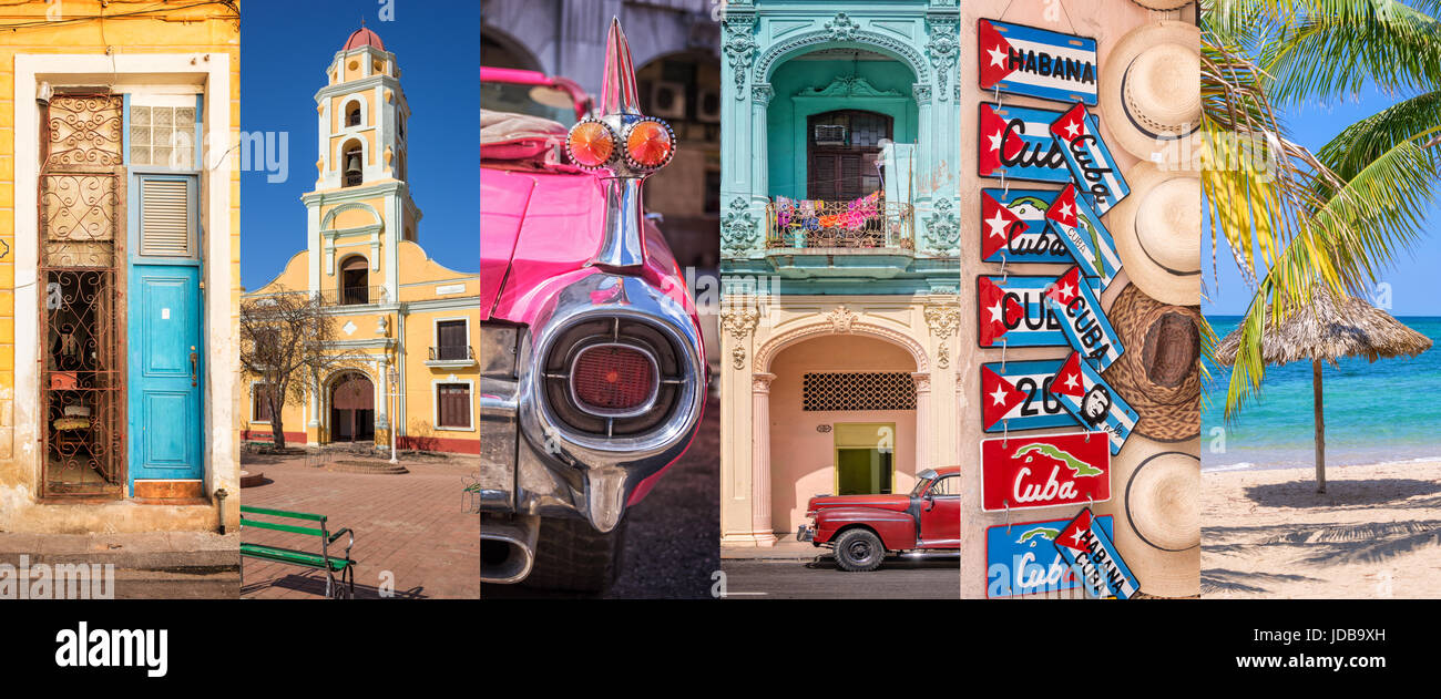 Cuba, vue panoramique photo collage, symboles de Cuba, Cuba Voyages et tourisme concept Banque D'Images