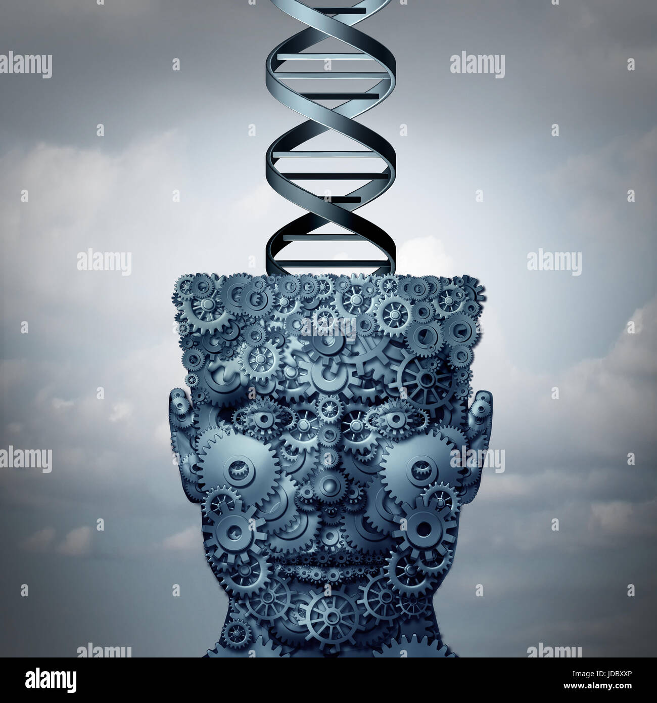 Concept de l'ADN de la machine et la technologie biochimie symbole comme tête de pignons avec un volet génétique humaine comme un symbole médical comme un 3d illustration. Banque D'Images