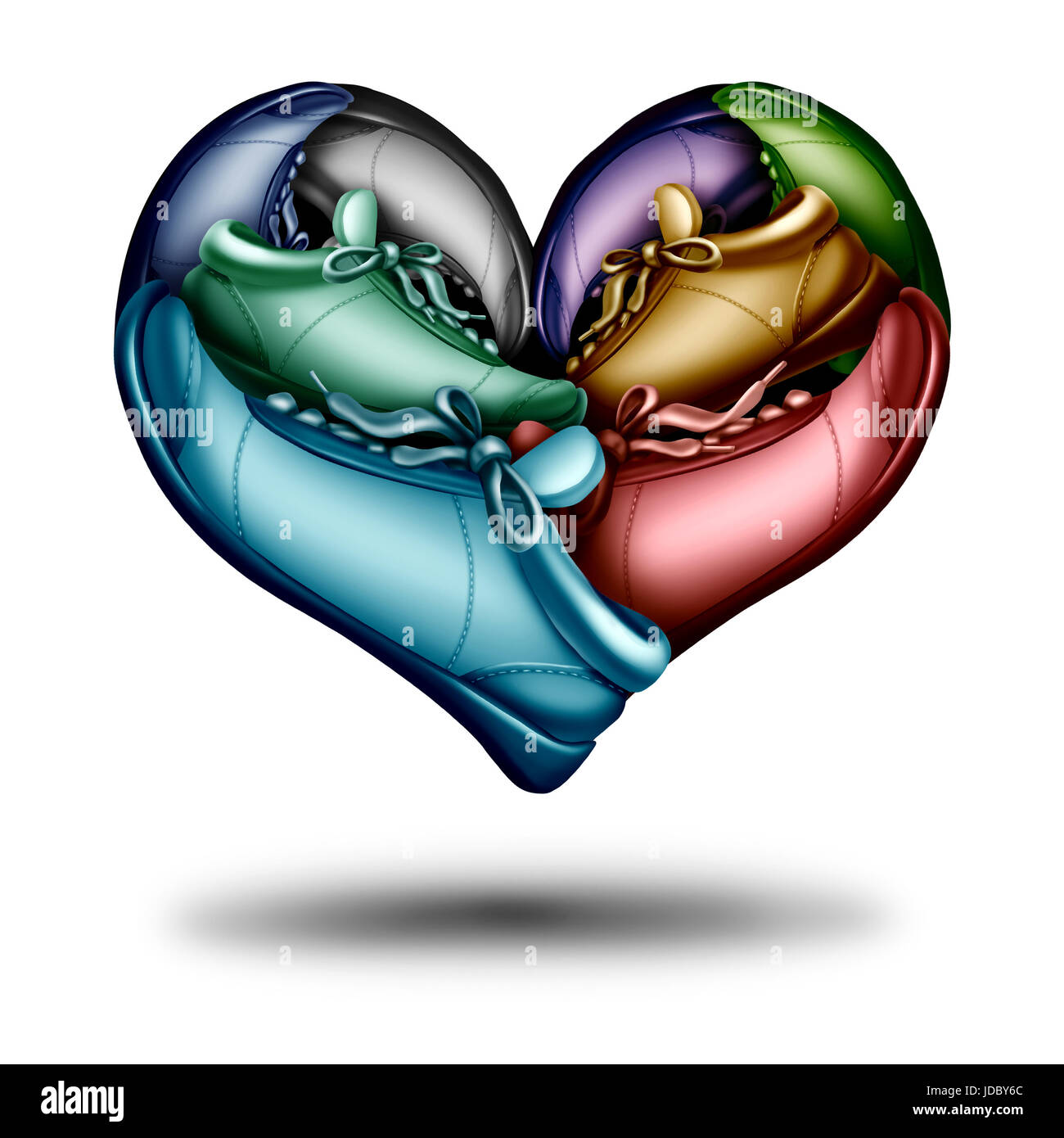 L'exécution de l'amour comme symbole d'un groupe de runner chaussures ou des chaussures en forme de cœur comme une icône de l'exercice de jogging dans un style 3D illustration. Banque D'Images
