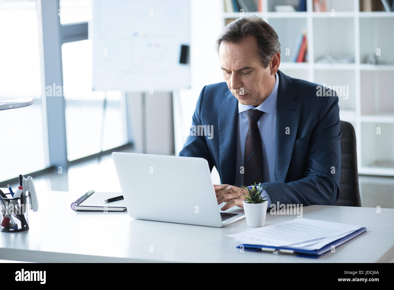 Sérieux et mature woman typing on laptop sur vert au travail Banque D'Images