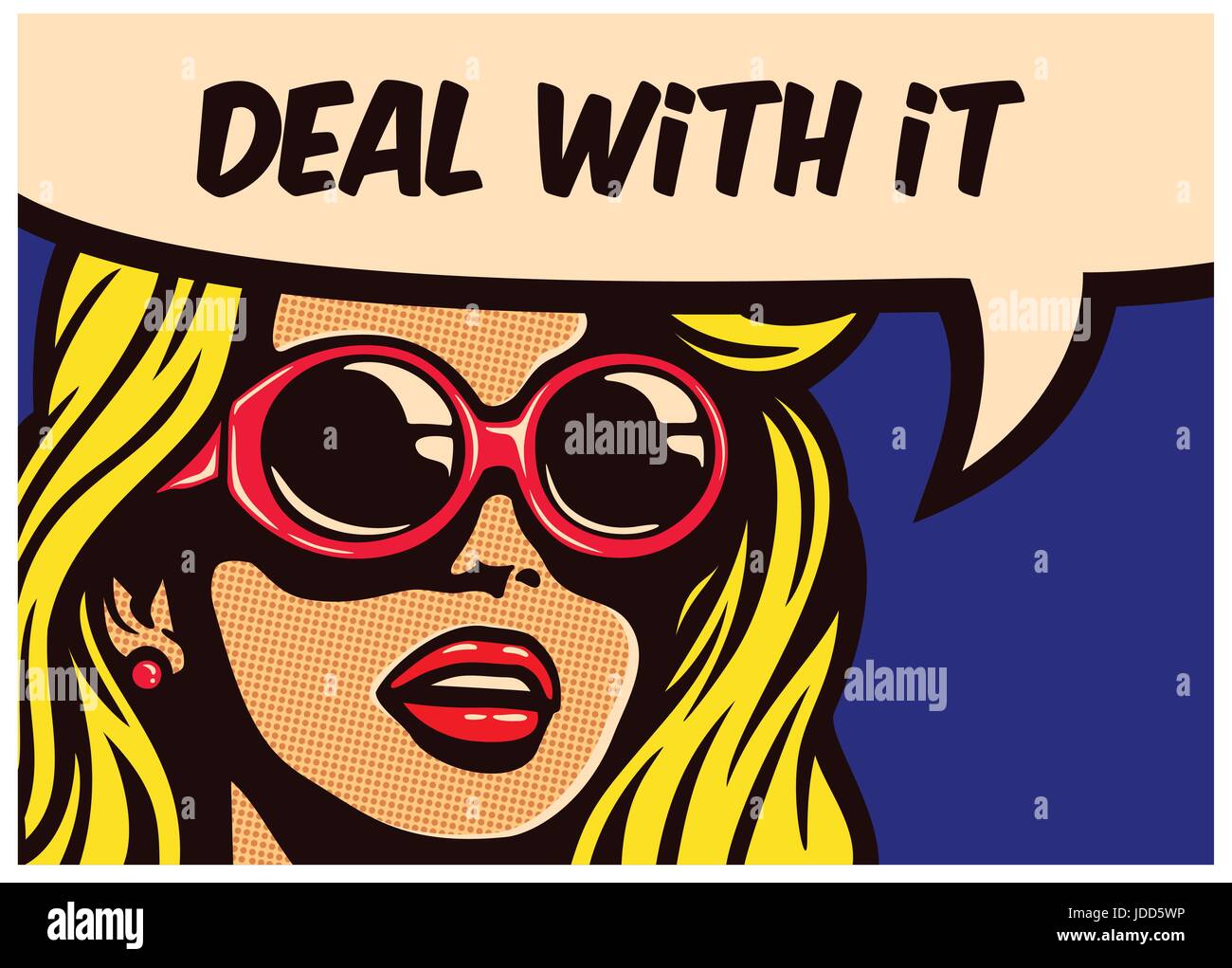 Traiter avec elle ! Vintage pop art comic book de bord imperturbable indifférence cynique cool girl with sunglasses with speech bubble vector illustration Illustration de Vecteur