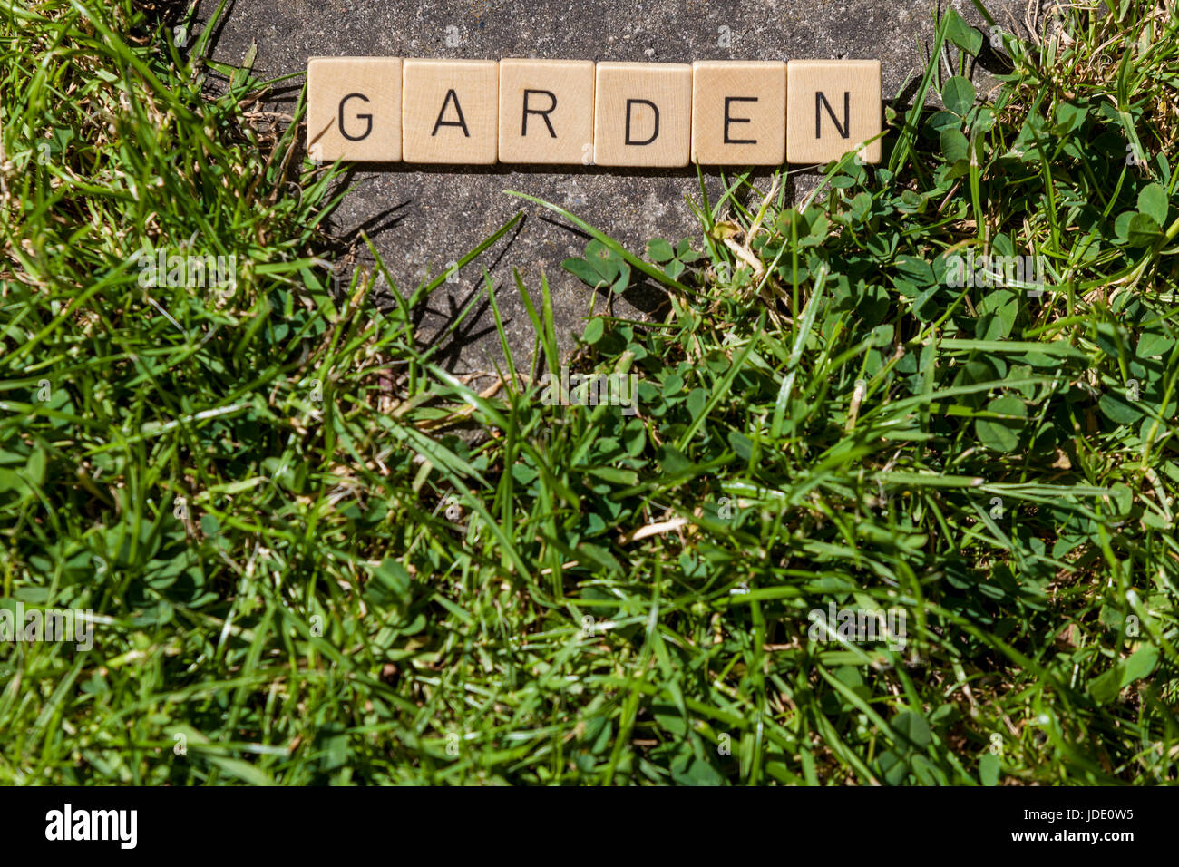 Lettre carreaux allongé sur l'herbe dans le jardin montrant le mot jardin Banque D'Images