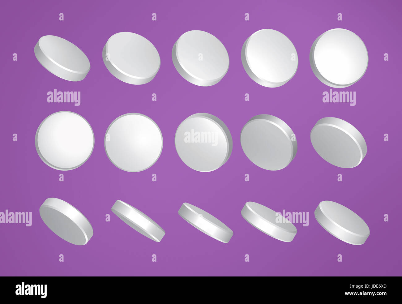 Pilules blanches dans différents angles sur fond violet Banque D'Images