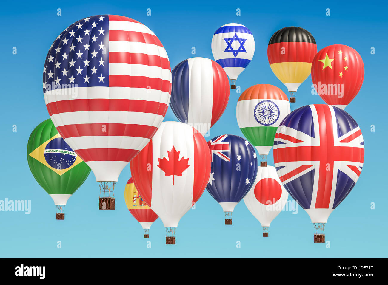 Concept de voyage. Ballons à air chaud avec différents drapeaux de pays, rendu 3D Banque D'Images
