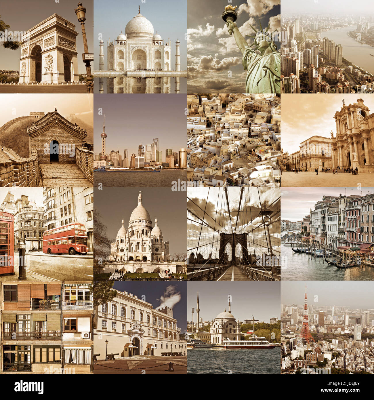 Villes du monde vintage collage, ville Voyages et tourisme concept Banque D'Images