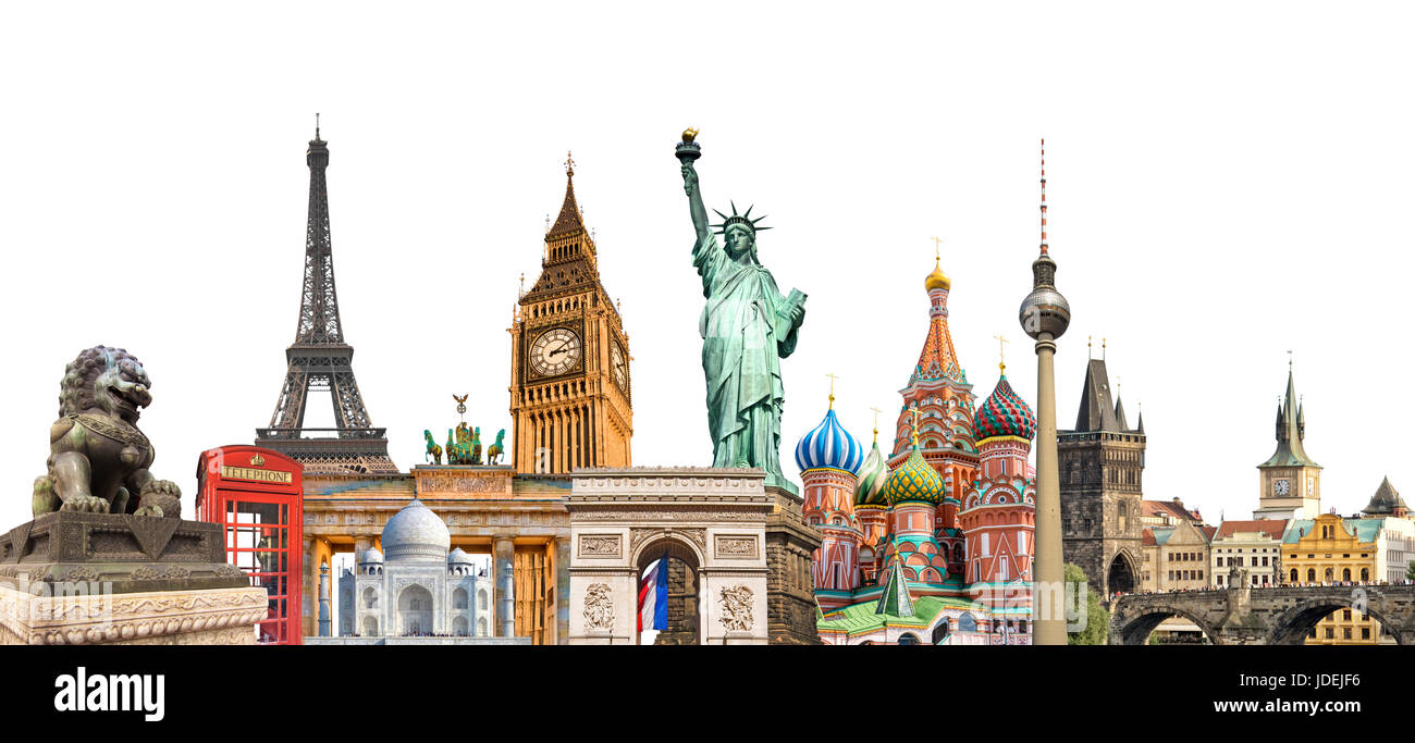 World landmarks collage photo isolé sur fond blanc, les voyages, le tourisme et l'étude dans le monde entier concept Banque D'Images