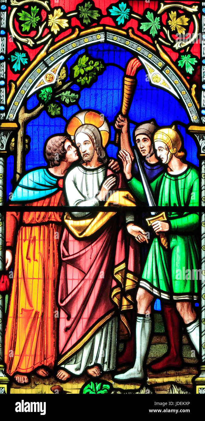 Histoire de Pâques, baiser de Judas, la trahison de Jésus, vitrail par William Warrington, 1854, Gunthorpe Banque D'Images