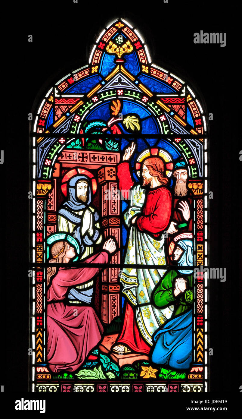 Vie de Jésus, Résurrection de Lazare de Béthanie, d'entre les morts, vitrail par Frederick Preedy, 1865, Gunthorpe, Norfolk, England, UK Banque D'Images