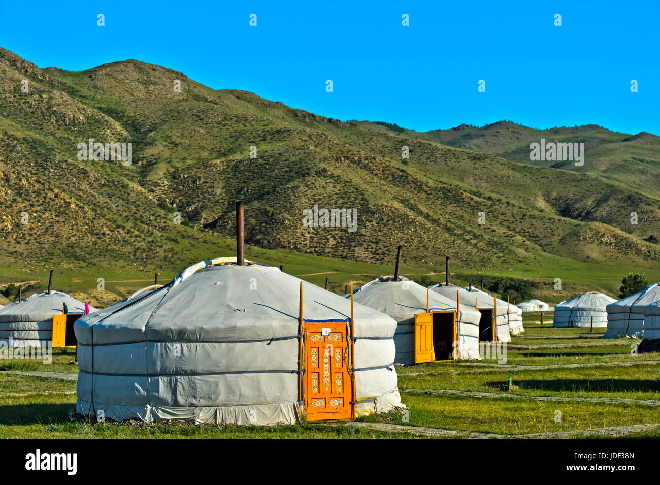 Camp de yourtes, dans l'Orchon Valley près de Charchorin, Mongolie Banque D'Images