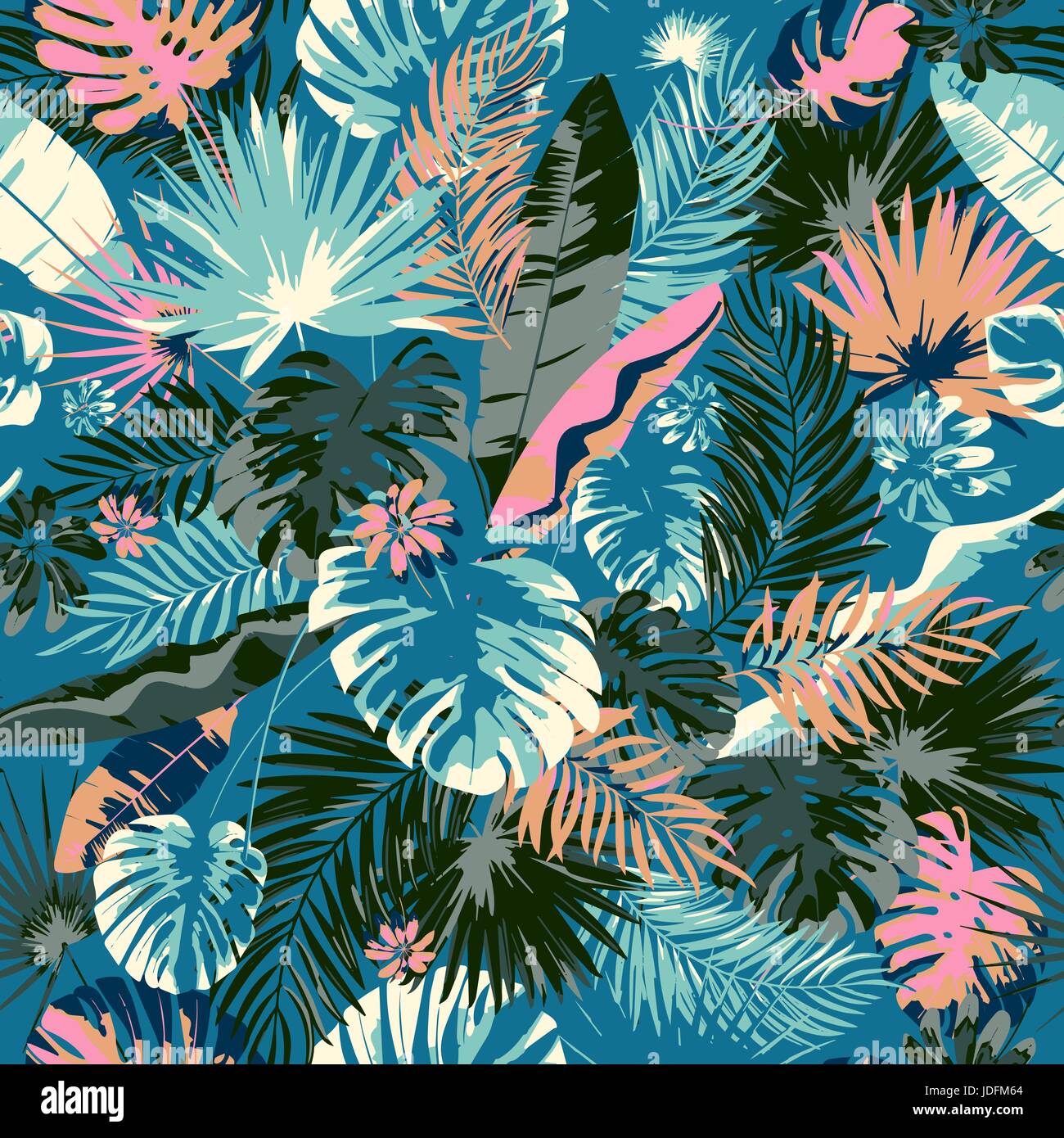 Été tropical imprimer avec des feuilles et des plantes exotiques. Couleurs  tendance dessin à la main motif transparent Image Vectorielle Stock - Alamy