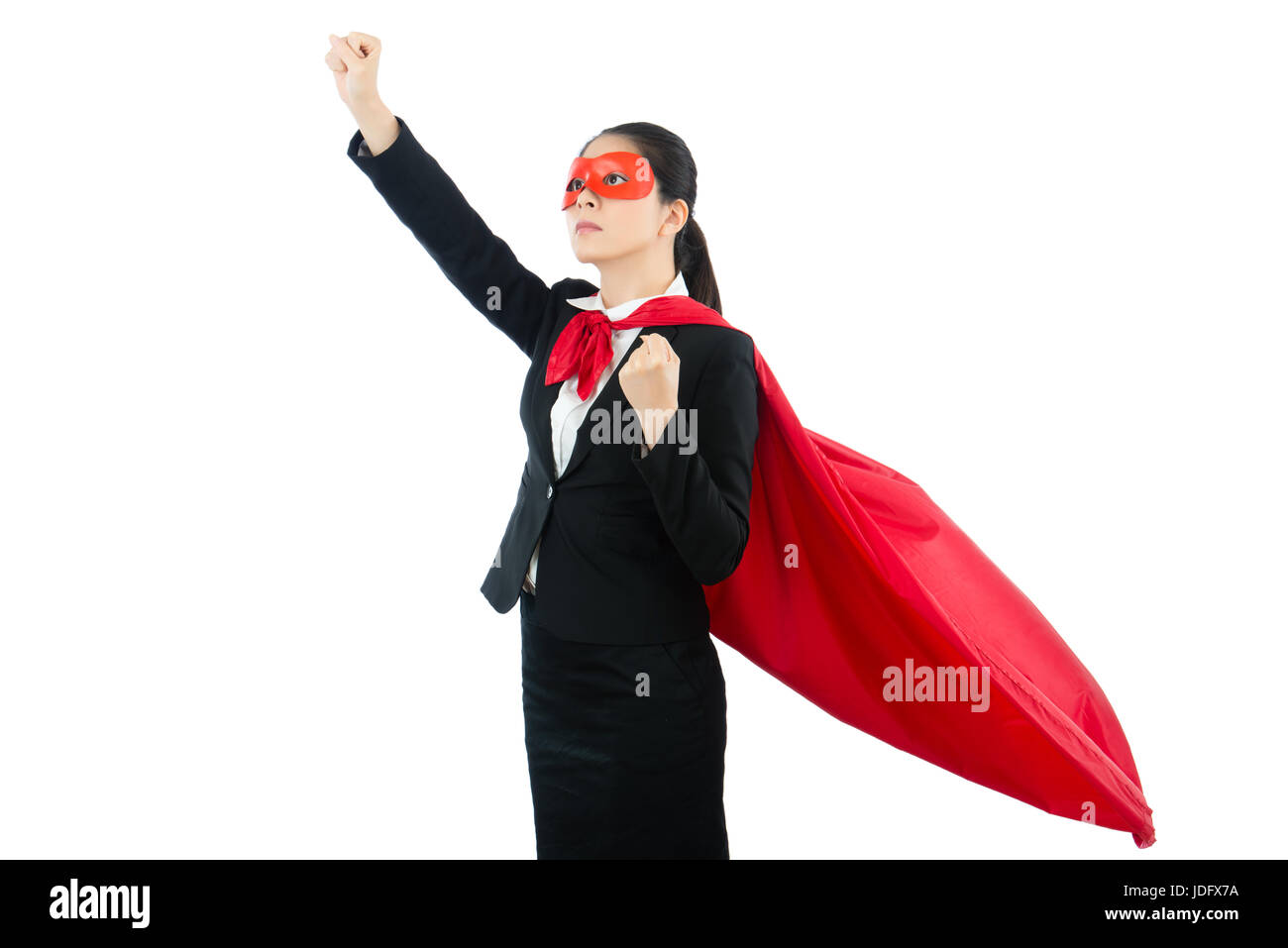 Belle femme hero prêt à aller et voler pour gagner du problème mondial et  gesticulant fist avec superhero costume vêtements. isolated on white  copyspace retour Photo Stock - Alamy