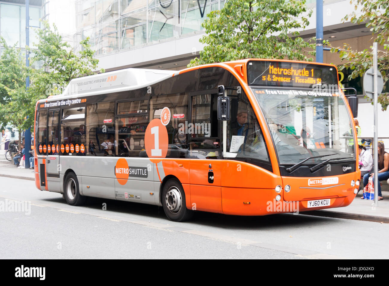 Metroshuttle bus dans le centre-ville de Manchester, Angleterre, Royaume-Uni Banque D'Images