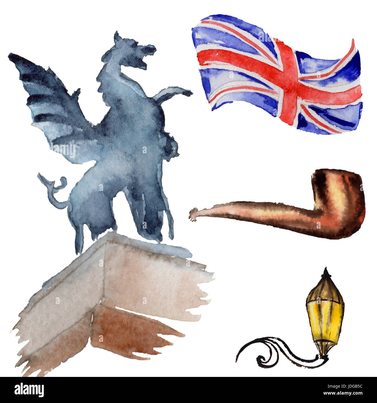 Londres aquarelle illustration. Grande-bretagne symboles dessinés à la main. Éléments de contexte Aquarelle, texture, motif de l'enrubanneuse. Banque D'Images