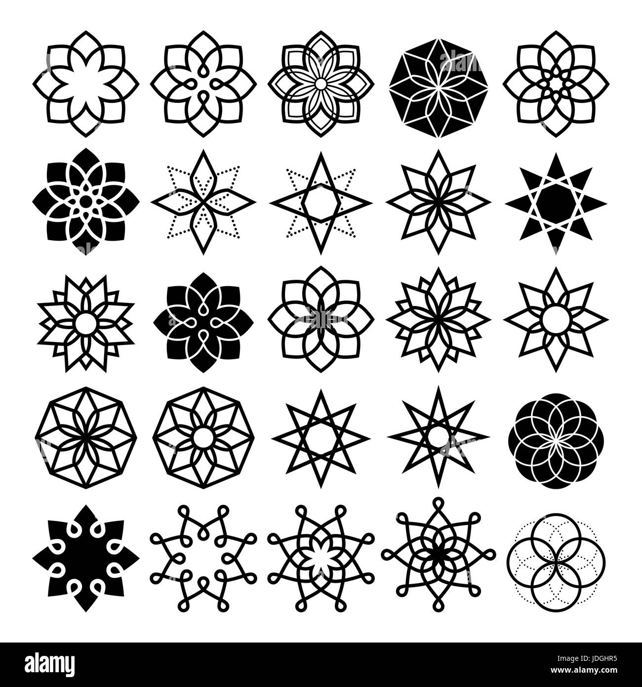 Fleur géométrique et stars collection, lineart abstract flower icons set Illustration de Vecteur