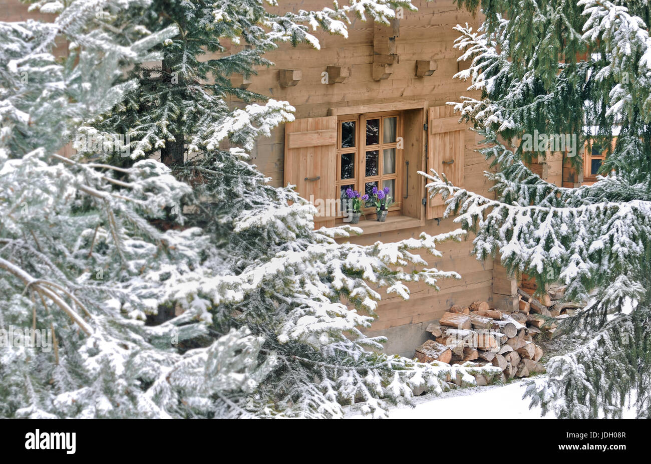 Fenêtre sur un cottage en bois façade dans la première neige Banque D'Images