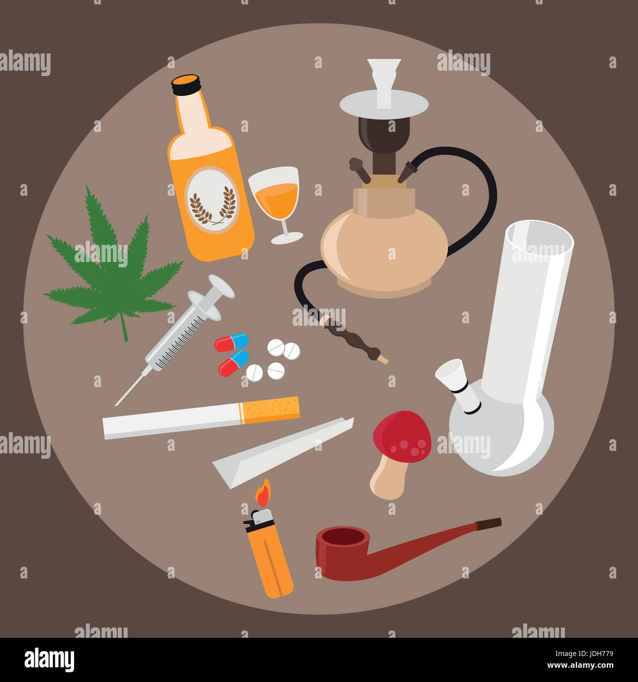 Télévision drogues icons set. Les stupéfiants de la marijuana, de la toxicomanie et du tuyau à fumée, capsule, comprimé pharmacie, vector illustration Illustration de Vecteur