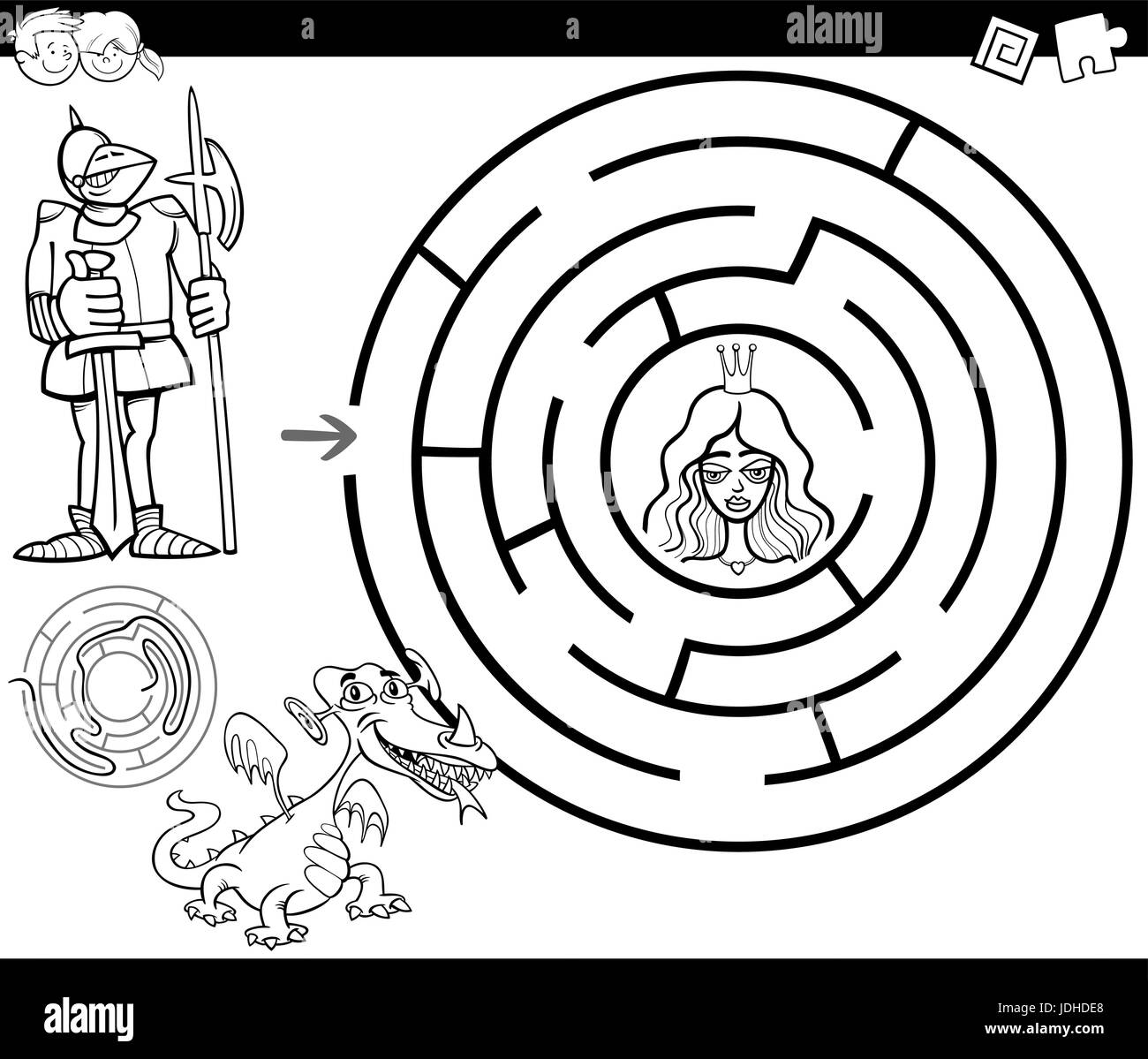 Illustration Cartoon noir et blanc de l'éducation ou de Labyrinthe Labyrinthe jeu pour les enfants avec Knight et la Princesse à colorier Illustration de Vecteur