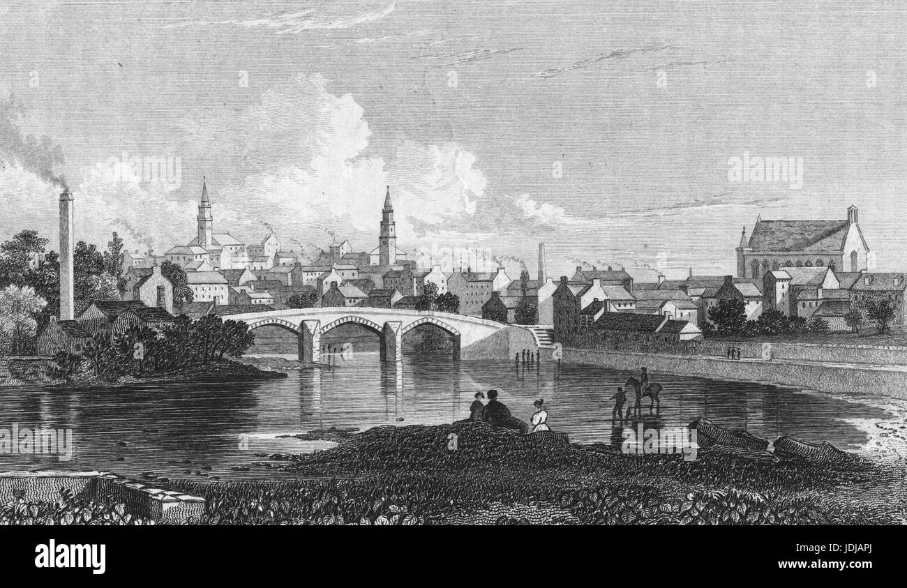 Gravure représentant un pont enjambant le panier blanc de l'eau dans la ville de Paisley, Écosse, 1850. À partir de la Bibliothèque publique de New York. Banque D'Images