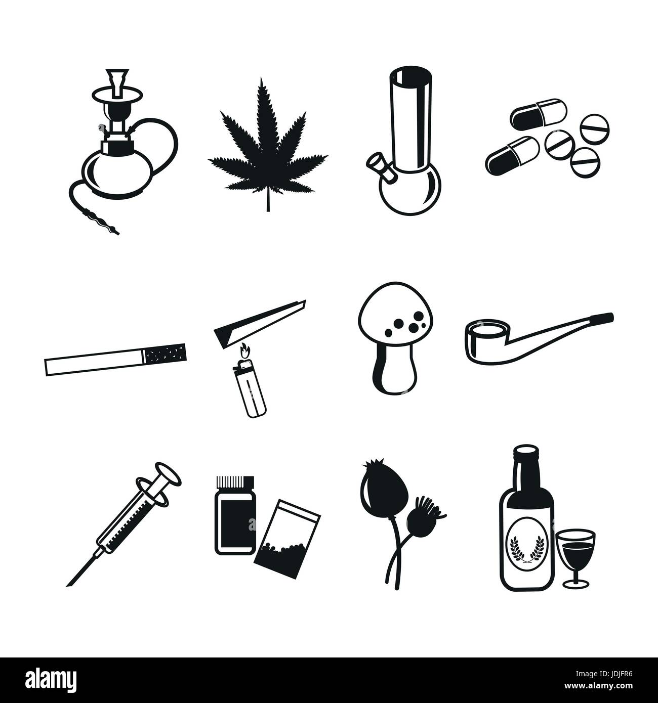 Drogue icons set. Les stupéfiants de la marijuana, de la toxicomanie et du tuyau à fumée, capsule, comprimé pharmacie, vector illustration Illustration de Vecteur