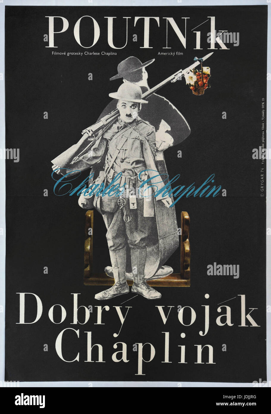 Le pèlerin. Armes d'épaule. Charlie Chaplin. Affiche de film tchécoslovaque d'origine pour deux films de Chaplin de 1974. Banque D'Images