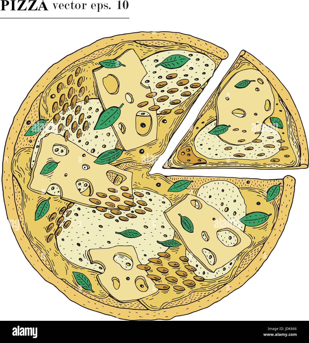 Pizza italienne avec du fromage hand drawn vector illustration. Peut être utiliser pour pizzeria, café, restaurant. Illustration de Vecteur