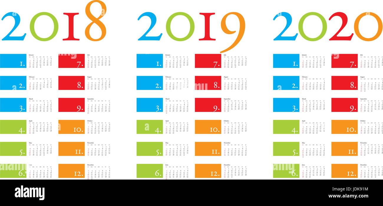 Colorées et élégantes pour les années 2018, Calendrier 2019 et 2020 en format vectoriel Illustration de Vecteur