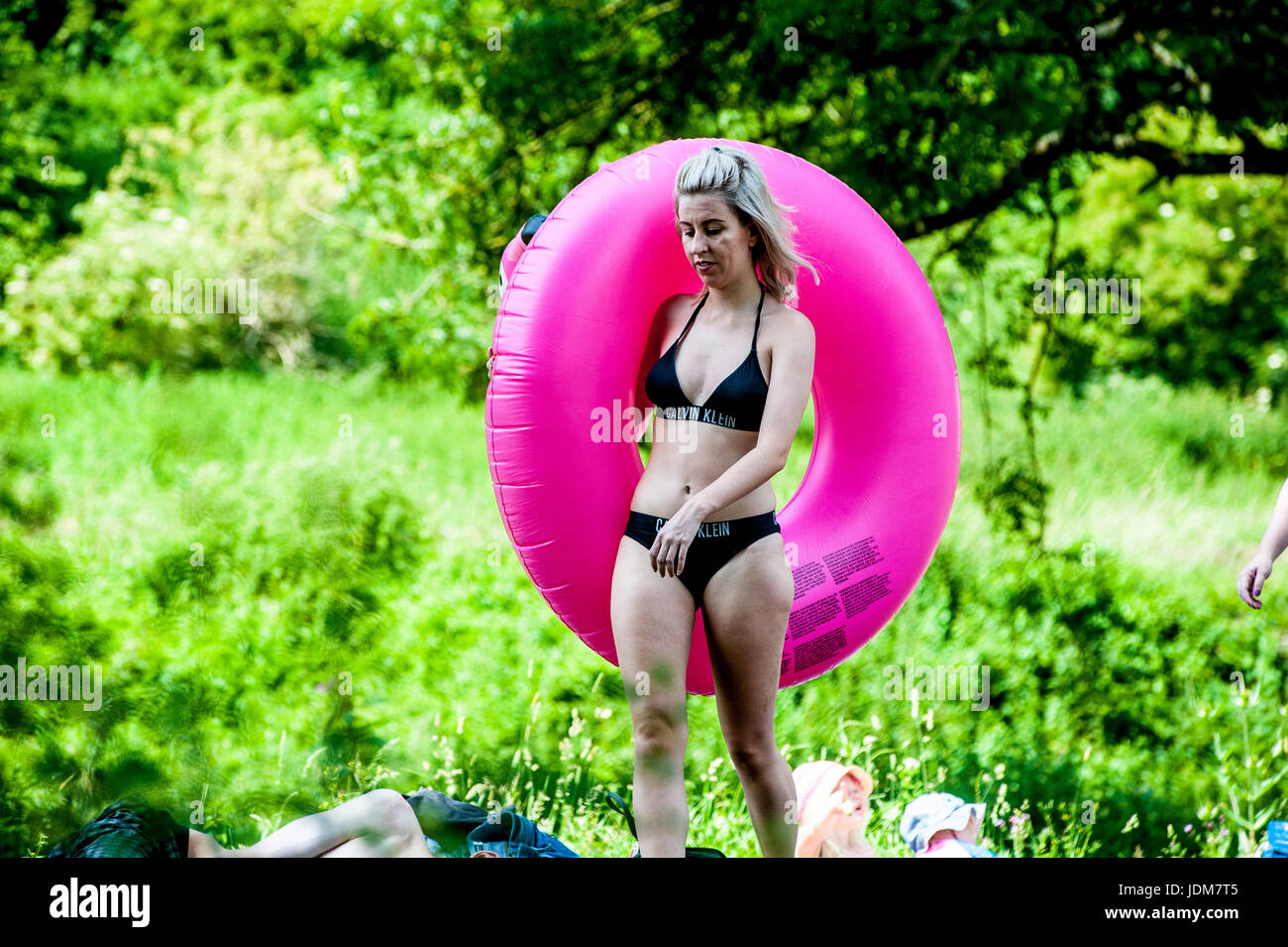Baignoire, Claverton, Weier Warleigh. Jun 21, 2017. Météo britannique. Vague de chaleur en juin la plus chaude apporte depuis 40 ans, les gens affluent à Warleigh Weier pour vous rafraîchir. Un déversoir de 100 m de long dans un magnifique vallée de l'Avon. Pré, vieux ferry crossing étapes, s'étend de l'eau profond long. C'était une ambiance de fête à la place Credit : Chandra Prasad/Alamy Live News Banque D'Images