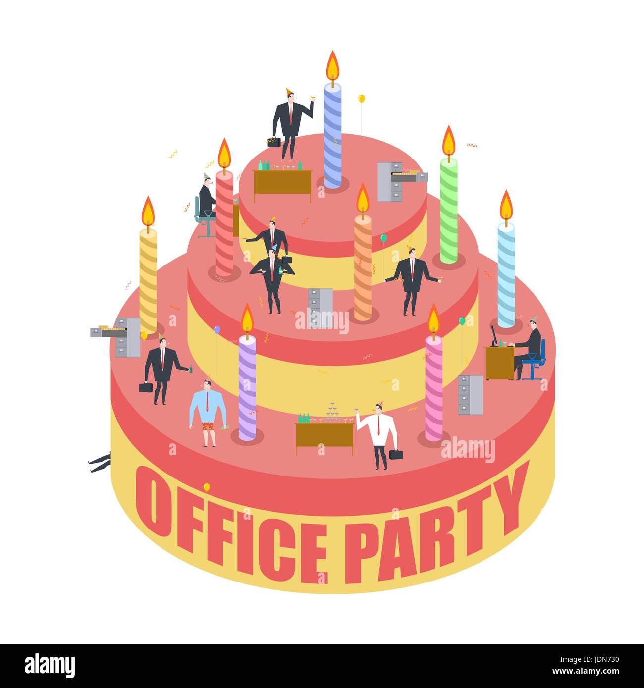 Party De Bureau Gateau Et Les Gestionnaires Maison De Vacances Au Travail Businessman On Fete La Celebration Et Partie Horn Ballon Et Bouteille D Alcool Manager Ivre Image Vectorielle Stock Alamy