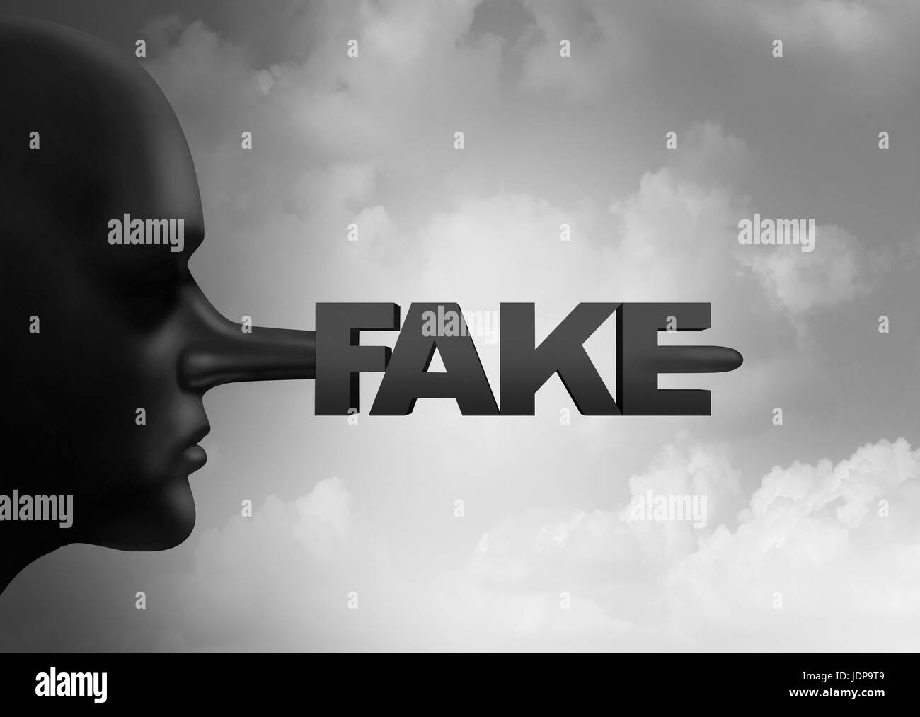 Fake media concept et fuite ou fuite d'information ou un canular de rapports journalistiques comme une personne avec un long nez menteur en forme de texte comme faux. Banque D'Images